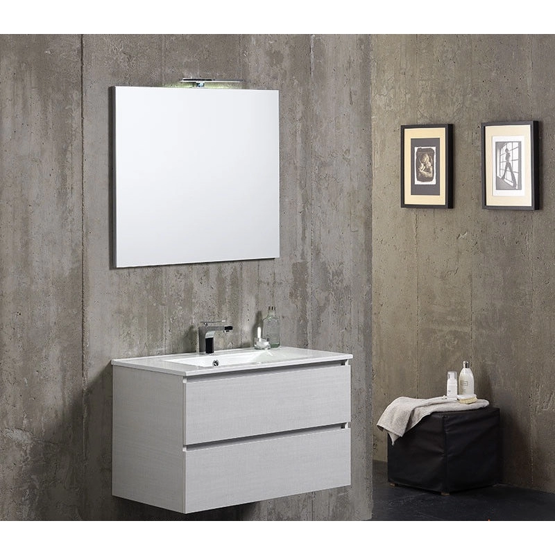 Ottawa White - Mobile Bagno Sospeso 2 Cassetti Con Lavabo E Specchio Bianco  + Lampada LED Da 30 Cm - Bricozone®